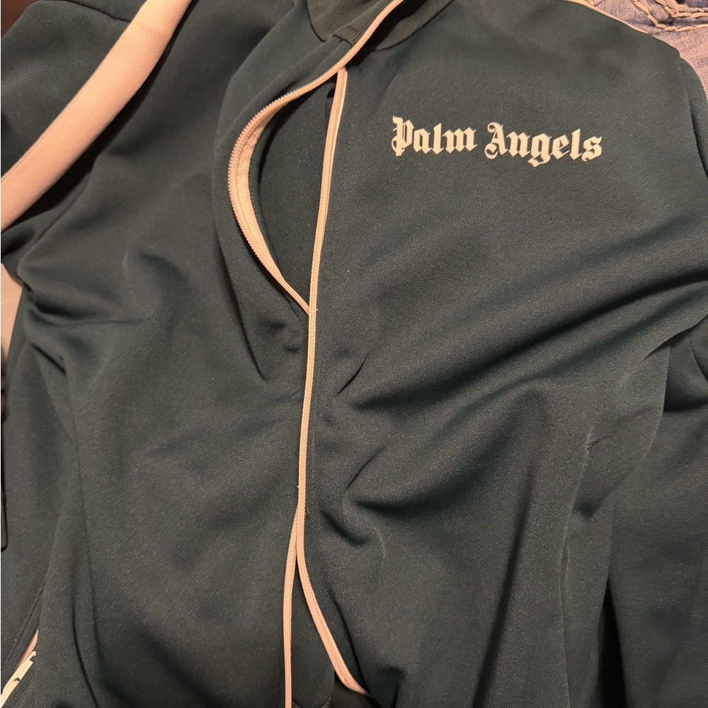 Palm Angels Dark Green Hoodie with Cream Trim and Pants